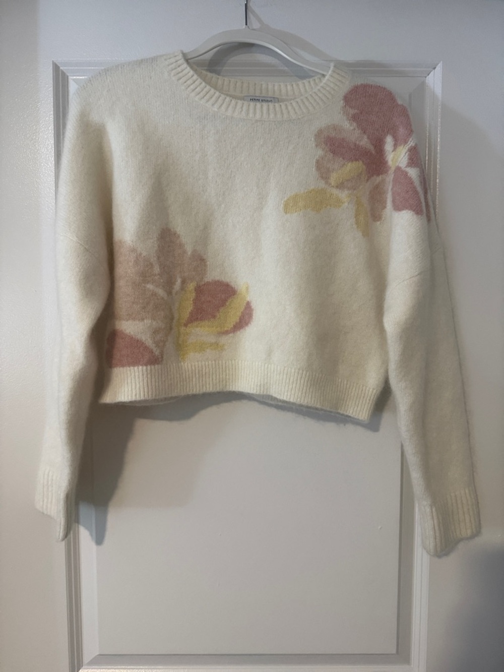 Petite Studio Cream Crewneck Sweater with Pink and Yellow Floral Motifs